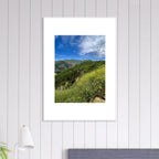 High-quality framed art print of Malibu Canyon in spring bloom wildflowers, featuring California landscape and white frame.