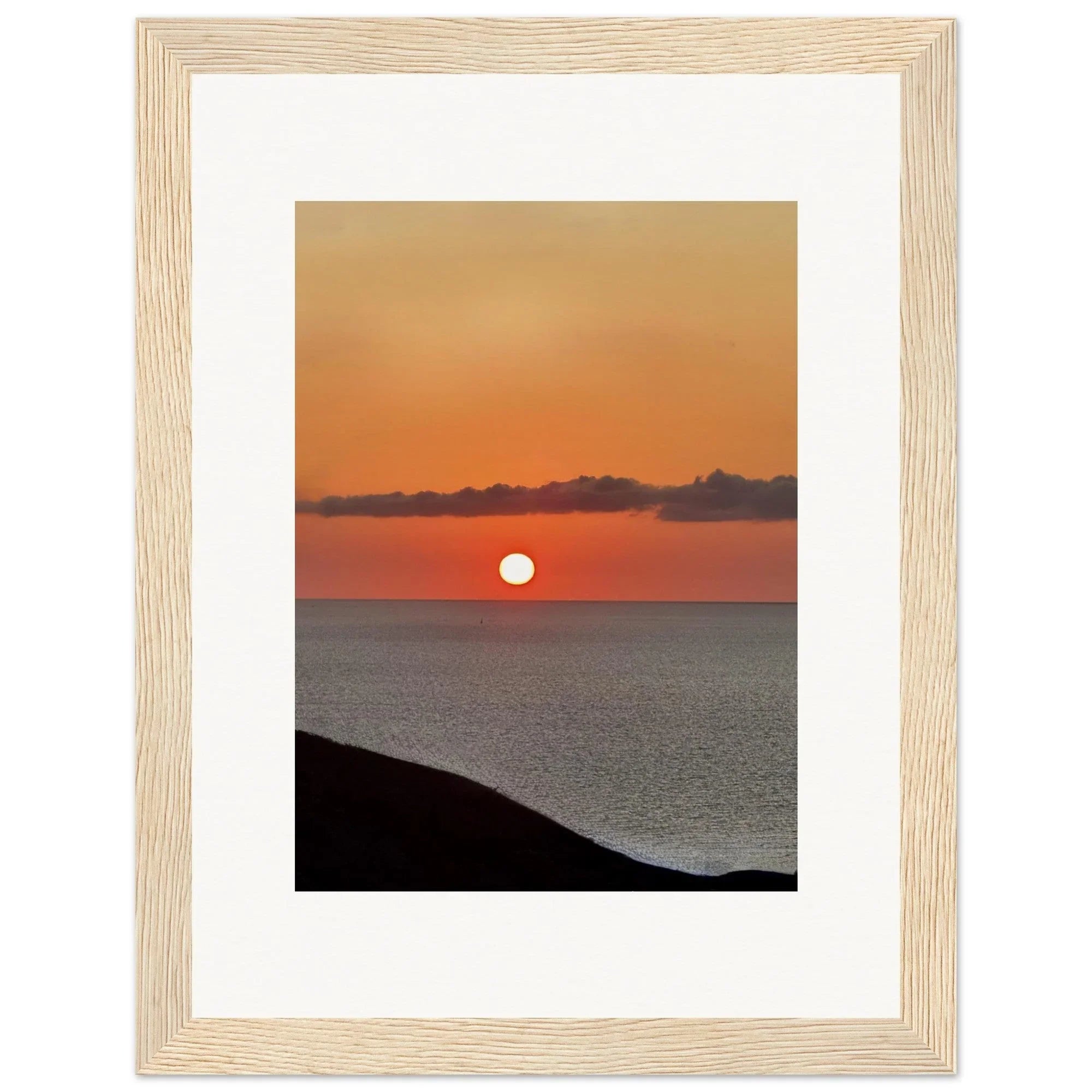 Vibrant Mediterranean Sunset framed poster print by My Store, colorful wall art depicting a scenic sunset for any room decor.