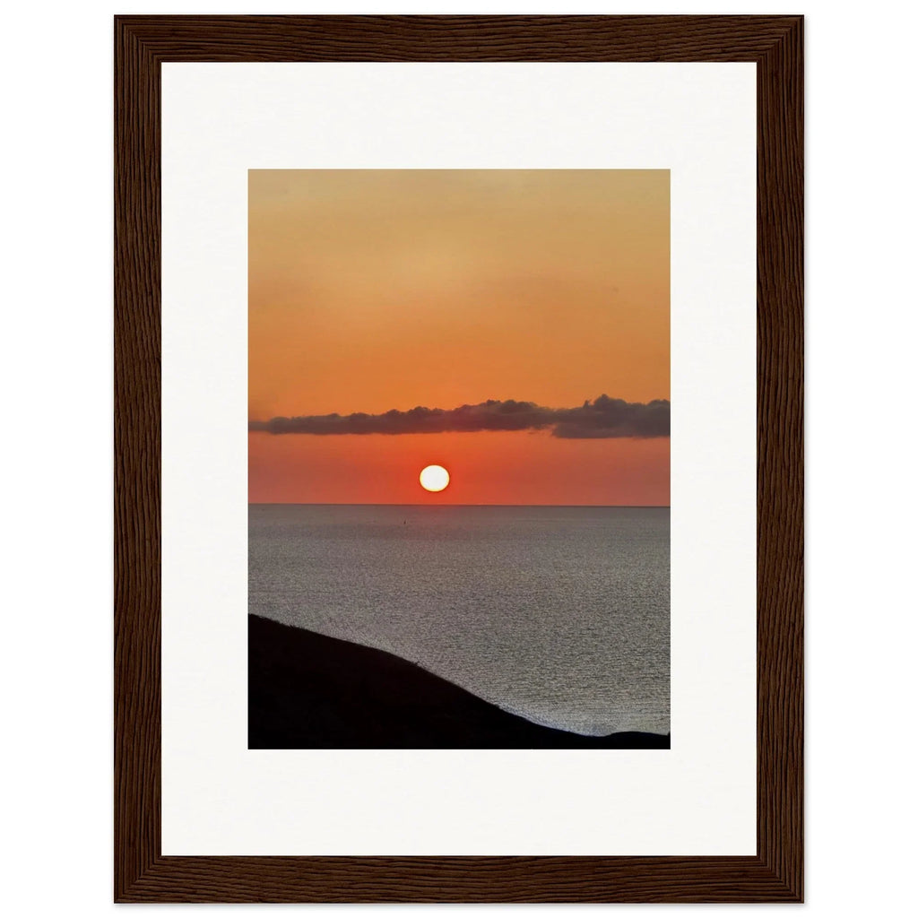 Vibrant Mediterranean sunset framed poster on white frame, coastal wall art print ideal for any room decor.