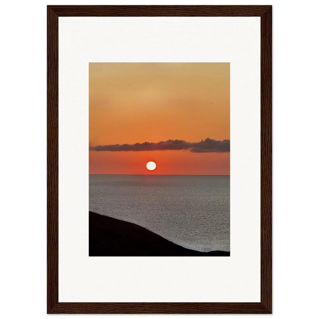 Vibrant Mediterranean Sunset framed poster print in white frame, coastal wall art ideal for any room, part of travel collection.