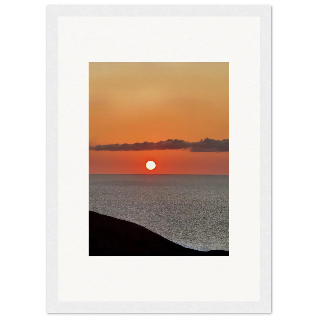 Mediterranean Sunset framed poster print on white frame, vibrant coastal wall art for home decor and travel-inspired interior design.
