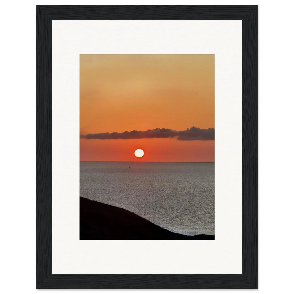 Vibrant Mediterranean Sunset framed poster print with a white frame, Coastal wall art for home decor, 15x20 cm size.