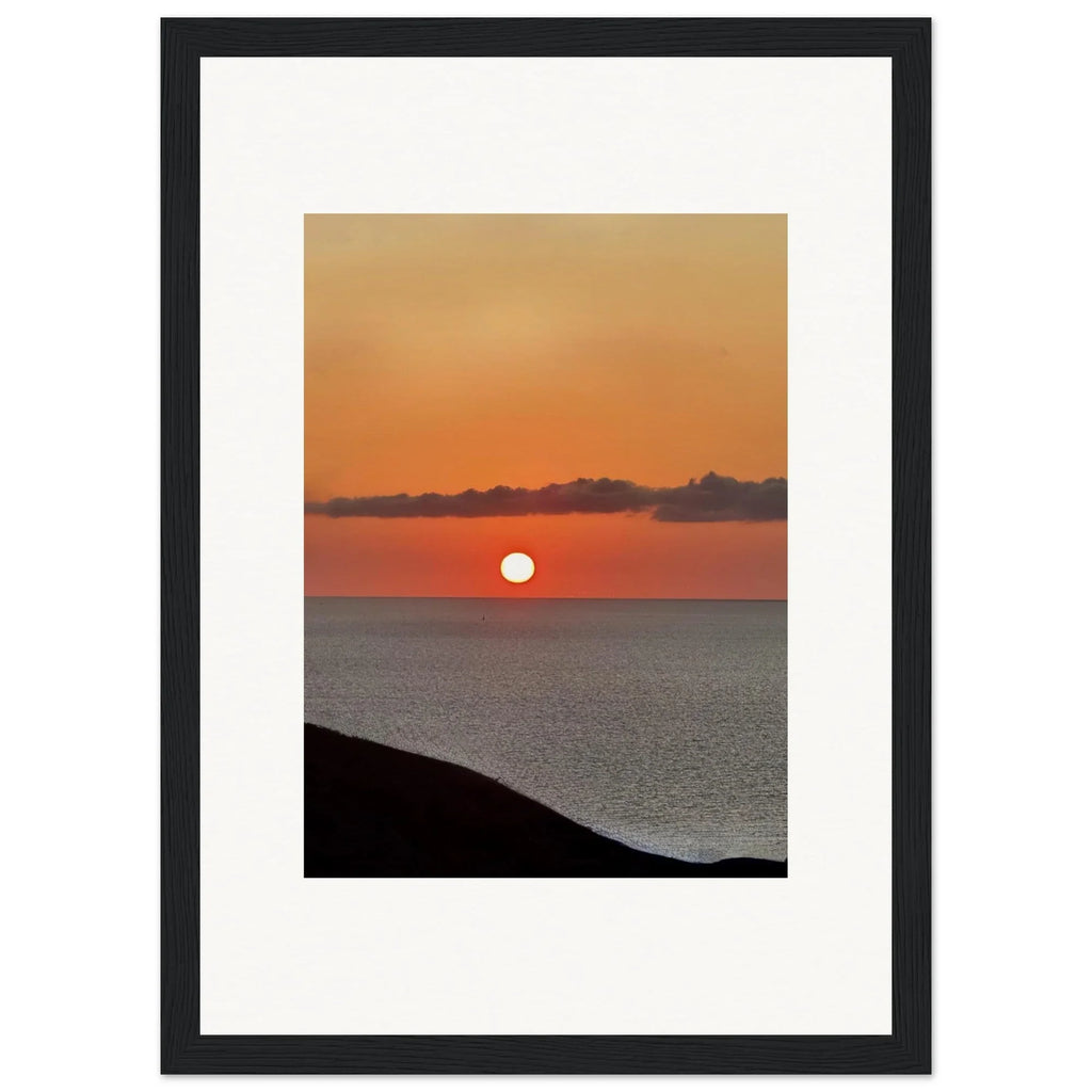 Vibrant Mediterranean Sunset framed poster, 15x20 cm print with white frame, coastal wall art featuring a colorful sunset scene.
