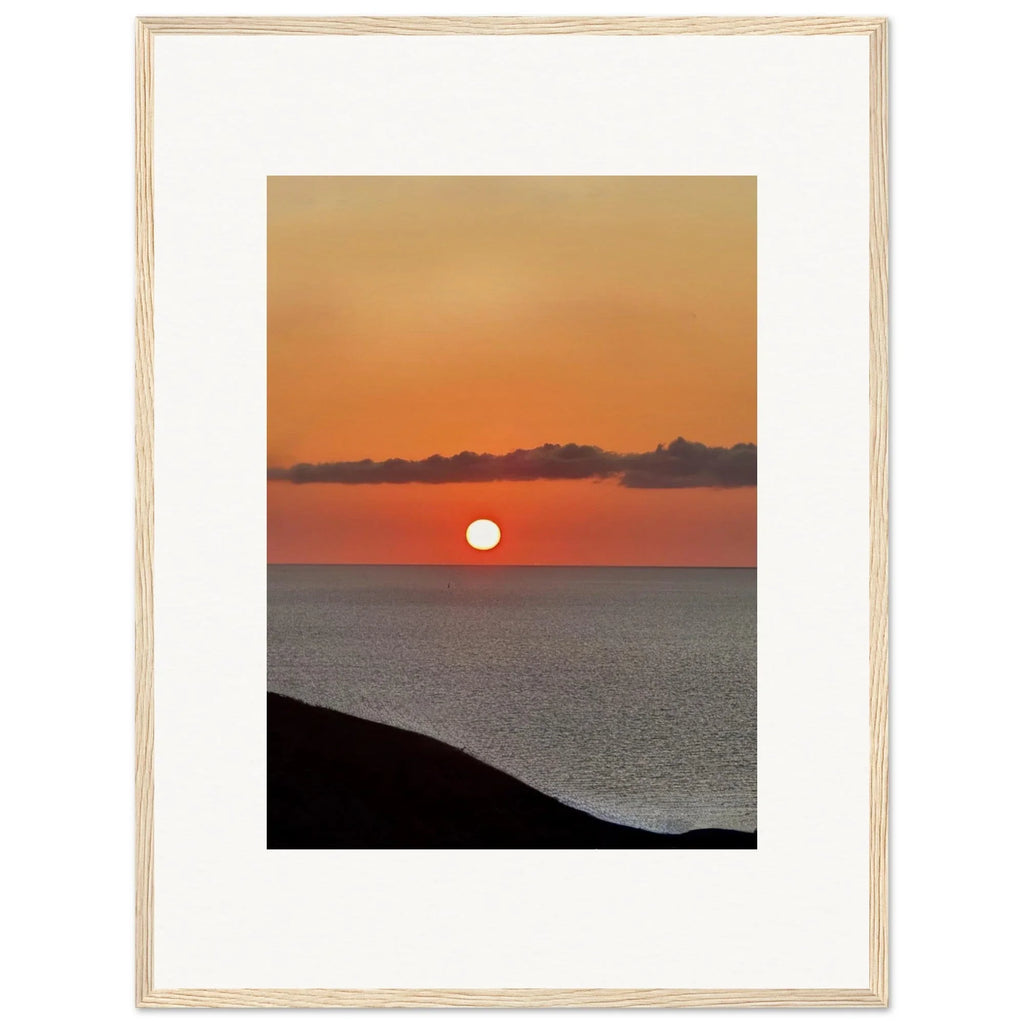 Vibrant Mediterranean Sunset framed poster print in white frame, coastal wall art for home decor, 15x20 cm.