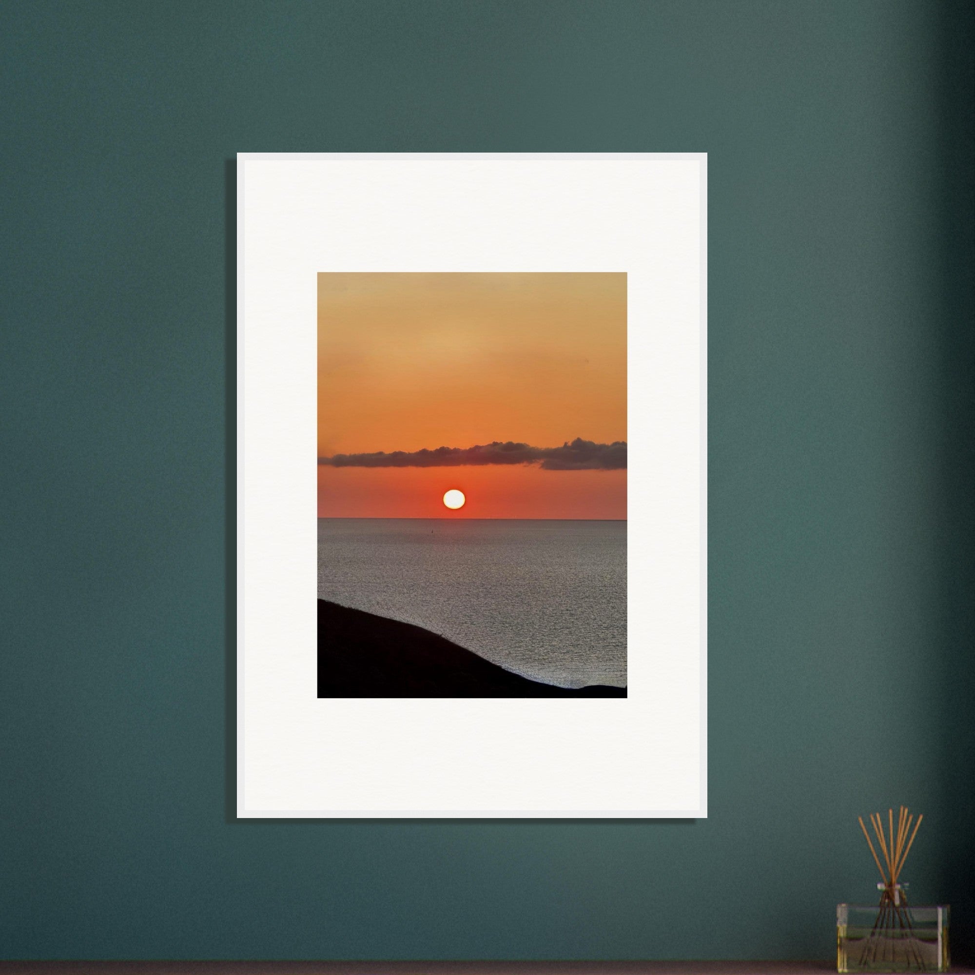 Vibrant Mediterranean sunset framed poster on white frame, wall art print from the Travel Collection Studio Edition.