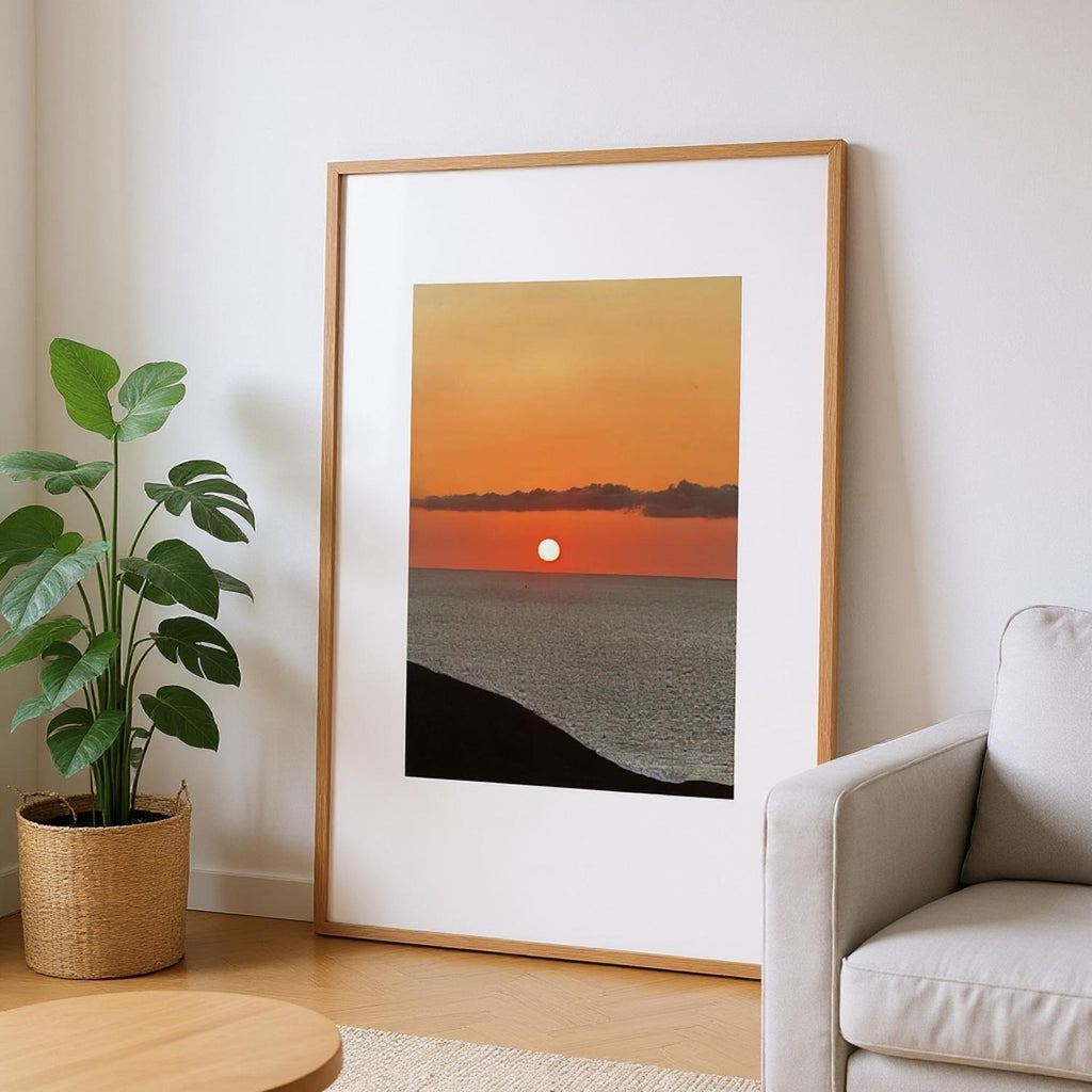 Vibrant Mediterranean Sunset framed poster on white frame, travel wall art print from My Store's studio edition, perfect for any room.