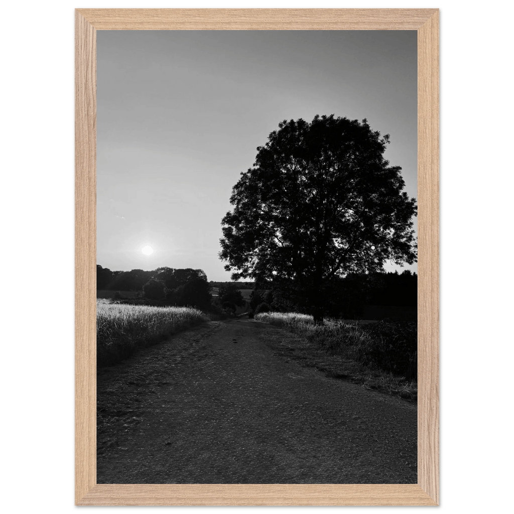Black and white framed poster of the English Cotswolds countryside, mounted on wood, featuring summer landscape art.