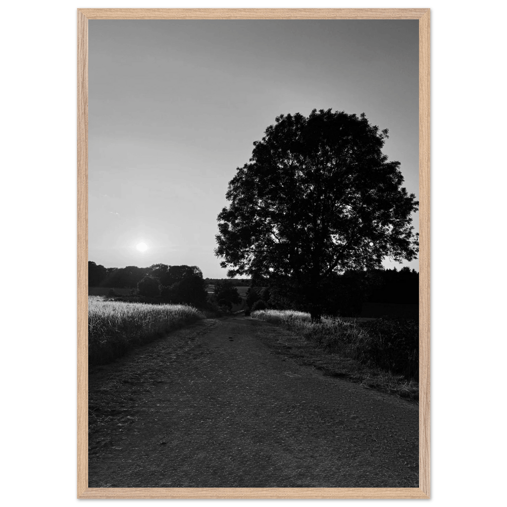 Black and white framed poster of Cotswolds summer in English countryside, mounted on wood, ideal for wall decor.