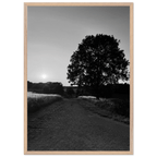 Black and white framed poster of Cotswolds summer in English countryside, mounted on wood, ideal for wall decor.