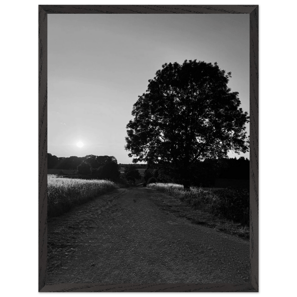 Black and white framed poster of the Cotswolds summer countryside, mounted on wood, featuring English rural scenery.