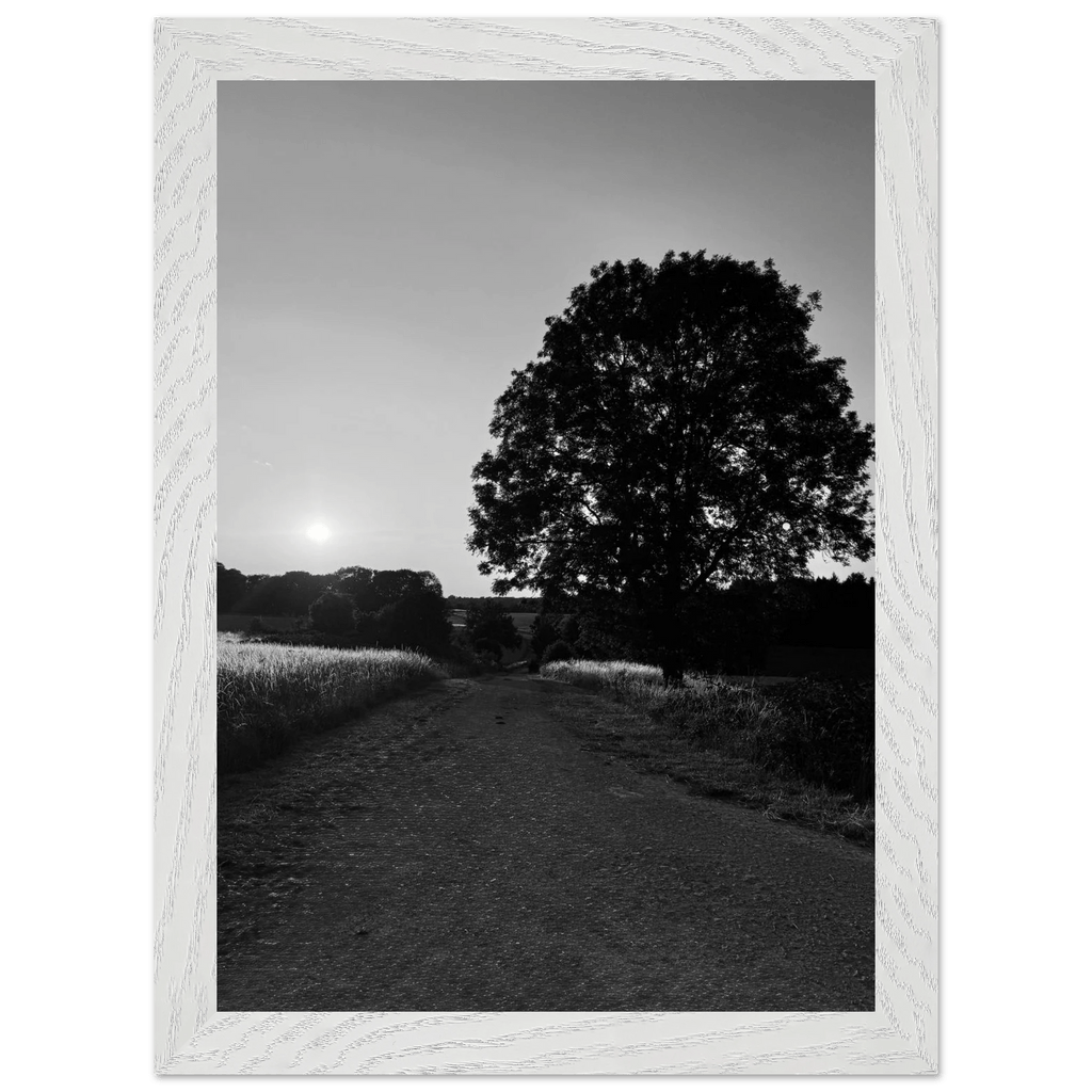 Black and white Cotswolds summer countryside framed poster, mounted on wood, featuring scenic English landscape wall art.