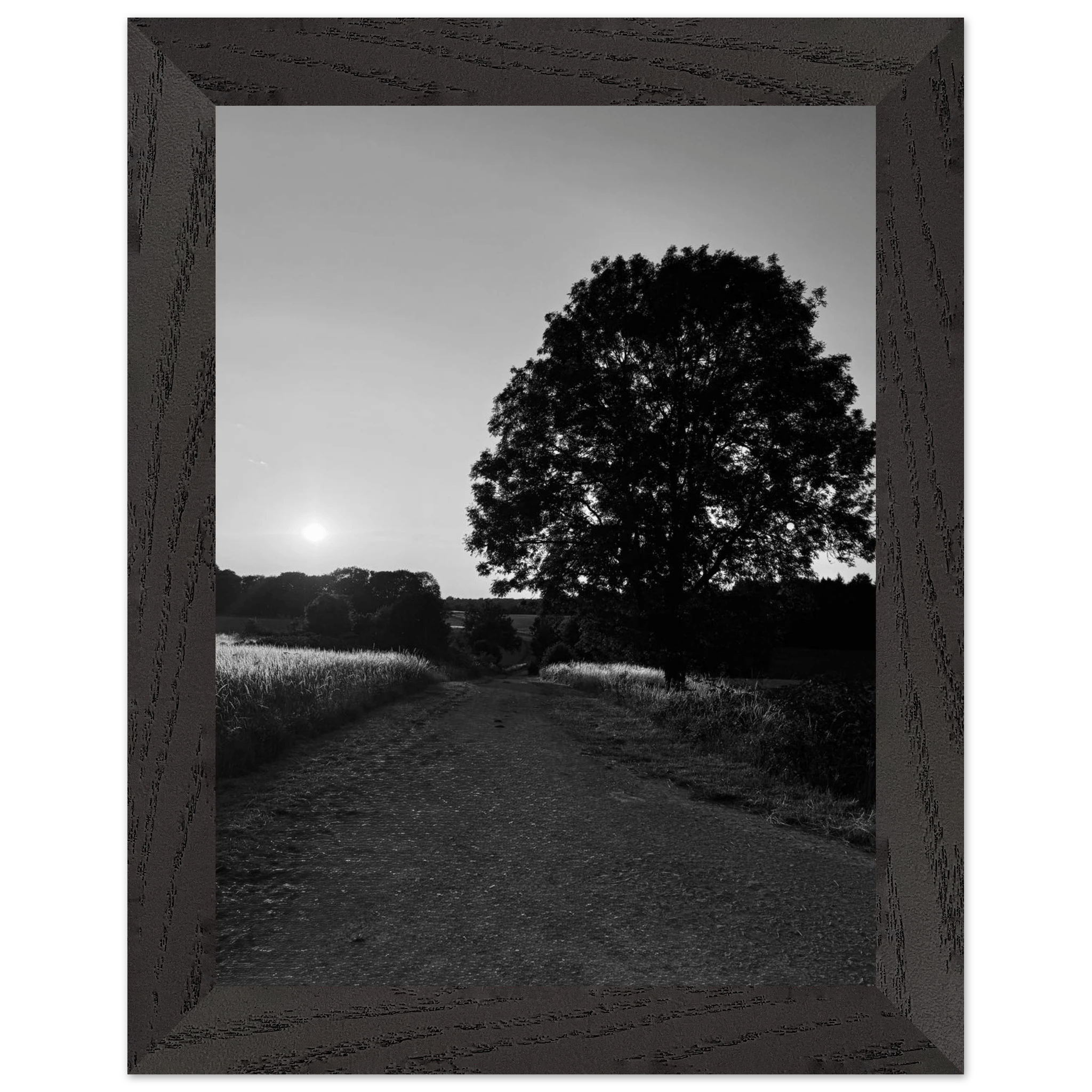 Mounted wooden framed poster of summer in the English Cotswolds, black and white travel print from the Studio Edition collection.