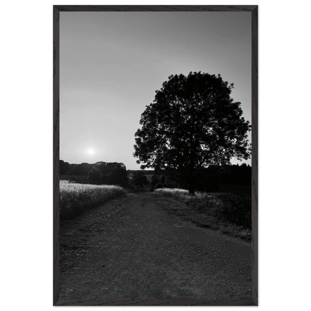 Black and white framed poster of Cotswolds summer landscape, English countryside wall art on print material with wooden frame.