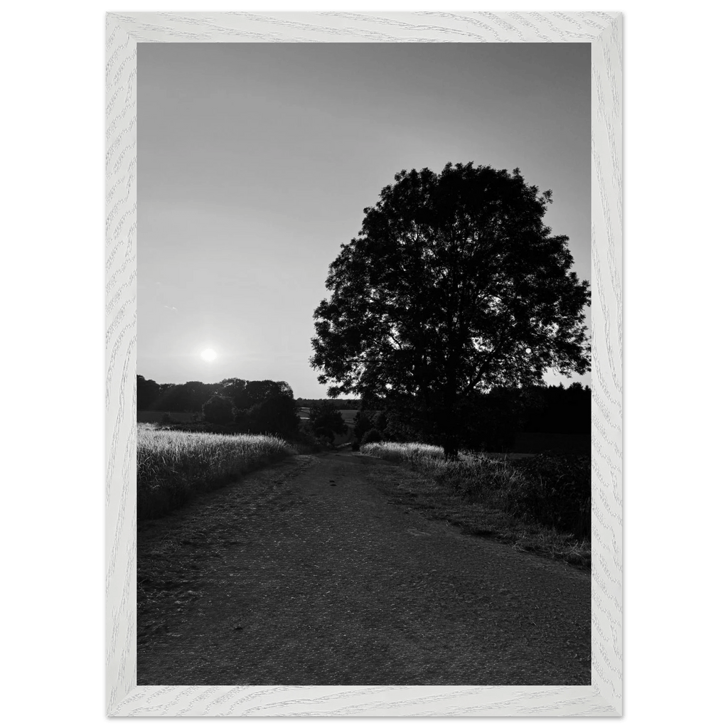 Mounted wooden framed poster of summer in the English Cotswolds, black and white travel collection print with white frame.
