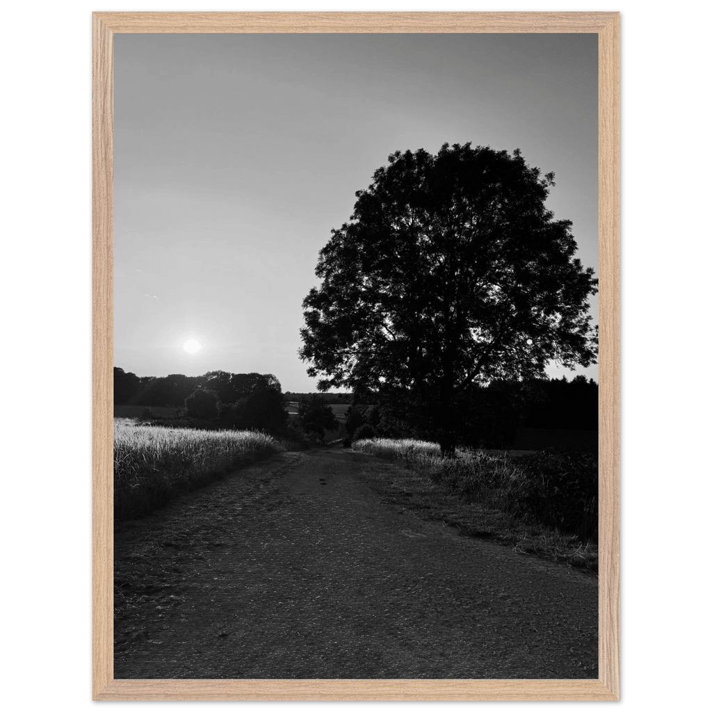 Black and white framed poster of the Cotswolds summer countryside, mounted on wood, featuring classic English landscape art.