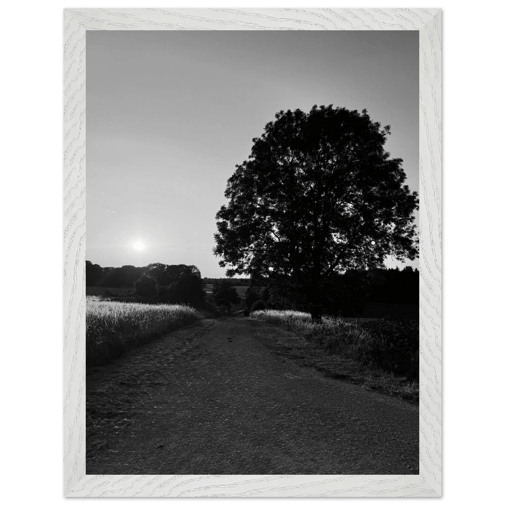 Black and white framed poster of the Cotswolds summer in the English countryside, mounted on wood with a white frame.