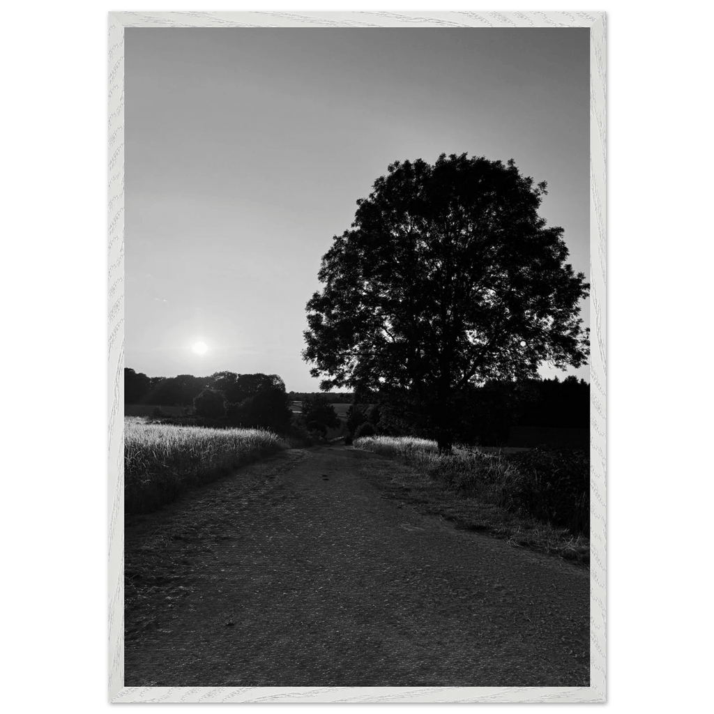 Black and white framed poster of the Cotswolds summer countryside, mounted on wood, featuring English rural scenery.