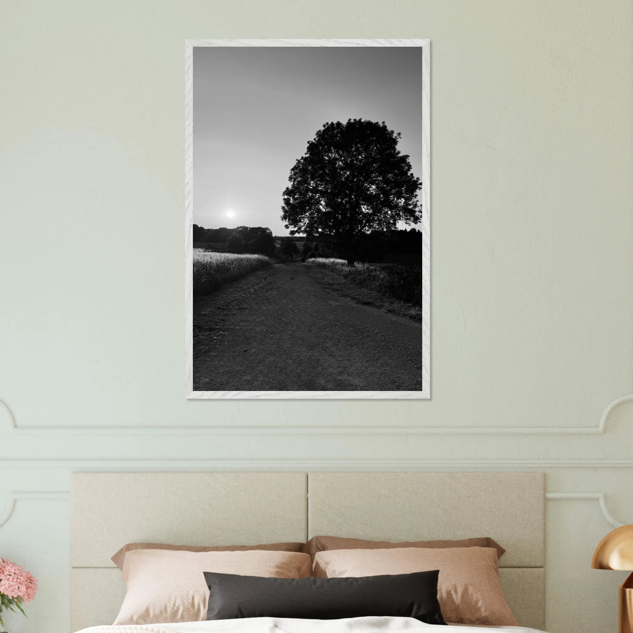 Mounted wooden framed poster of summer in the English Cotswolds, black and white travel series print, 15x20 cm with white frame.