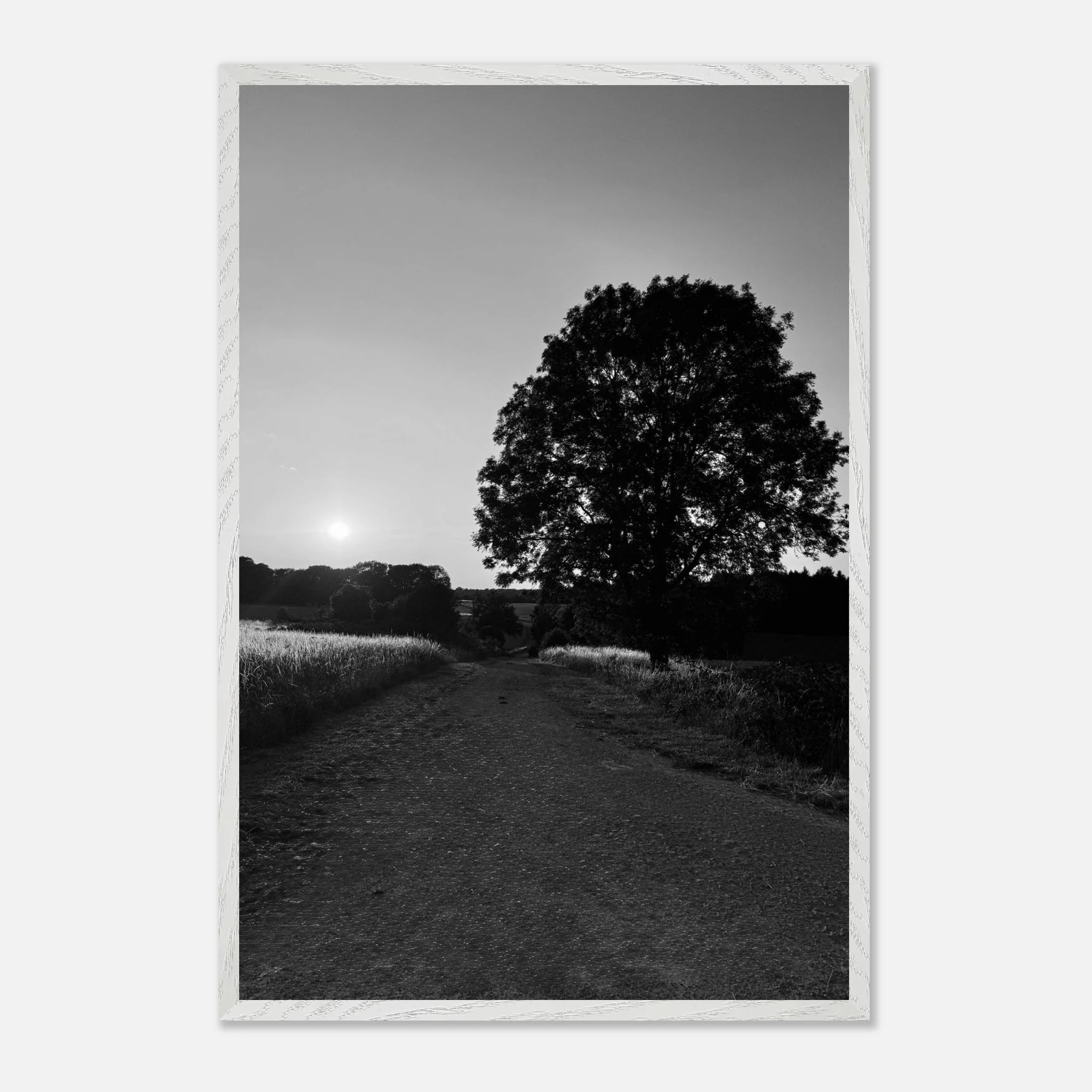 Mounted wooden framed poster of summer in the English Cotswolds, black and white travel collection, 15x20 cm print.