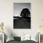 Mounted wooden framed poster of summer in the English Cotswolds, black and white travel series, 15x20 cm print.