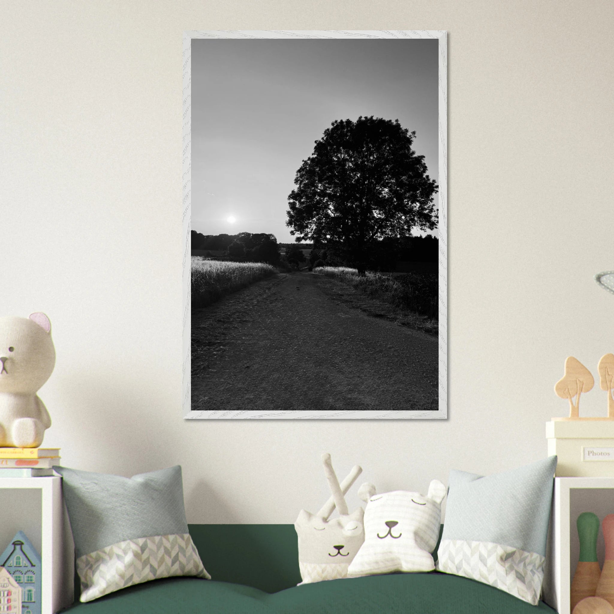 Mounted wooden framed poster of summer in the English Cotswolds, black and white travel series, 15x20 cm print.