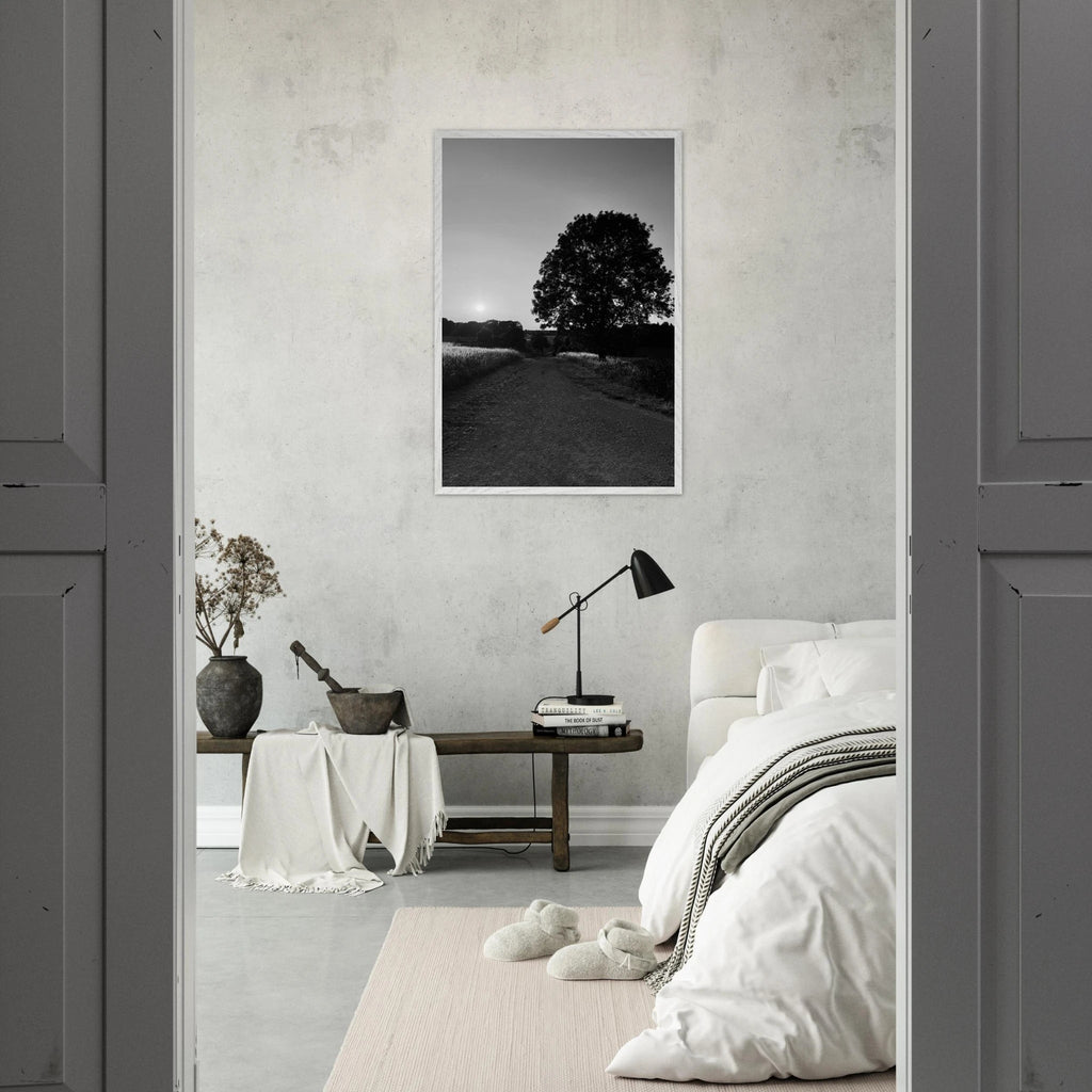 Mounted wooden framed poster of summer in the English Cotswolds, black and white travel collection print with white frame.