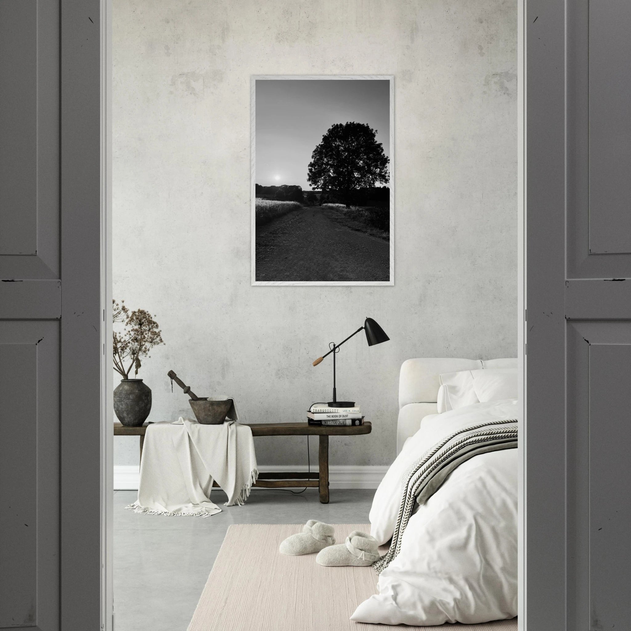 Mounted wooden framed poster of summer in the English Cotswolds, black and white travel collection print with white frame.