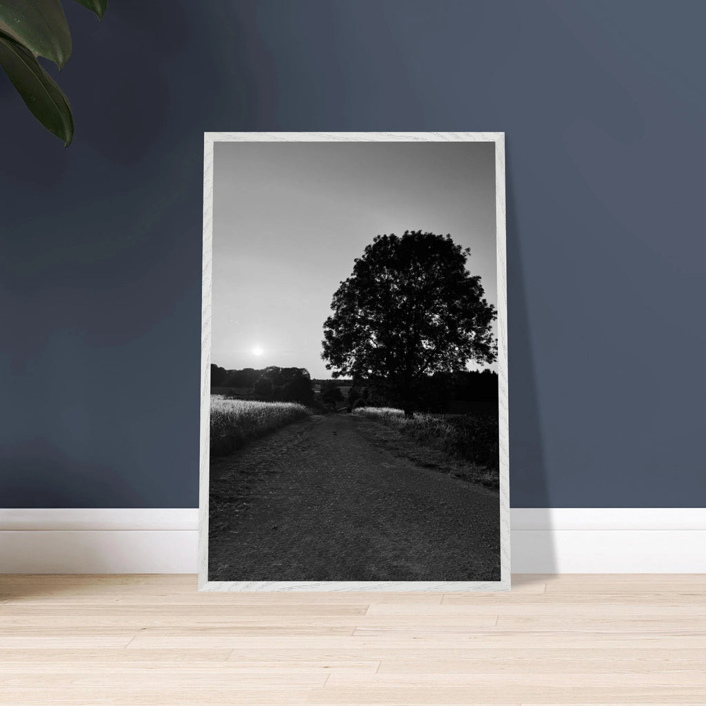 Mounted wooden framed poster of summer in the English Cotswolds, black and white travel print from the Studio Edition collection.