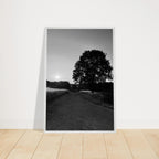 Mounted wooden framed poster of summer in the English Cotswolds, black and white travel collection print, 15x20 cm.