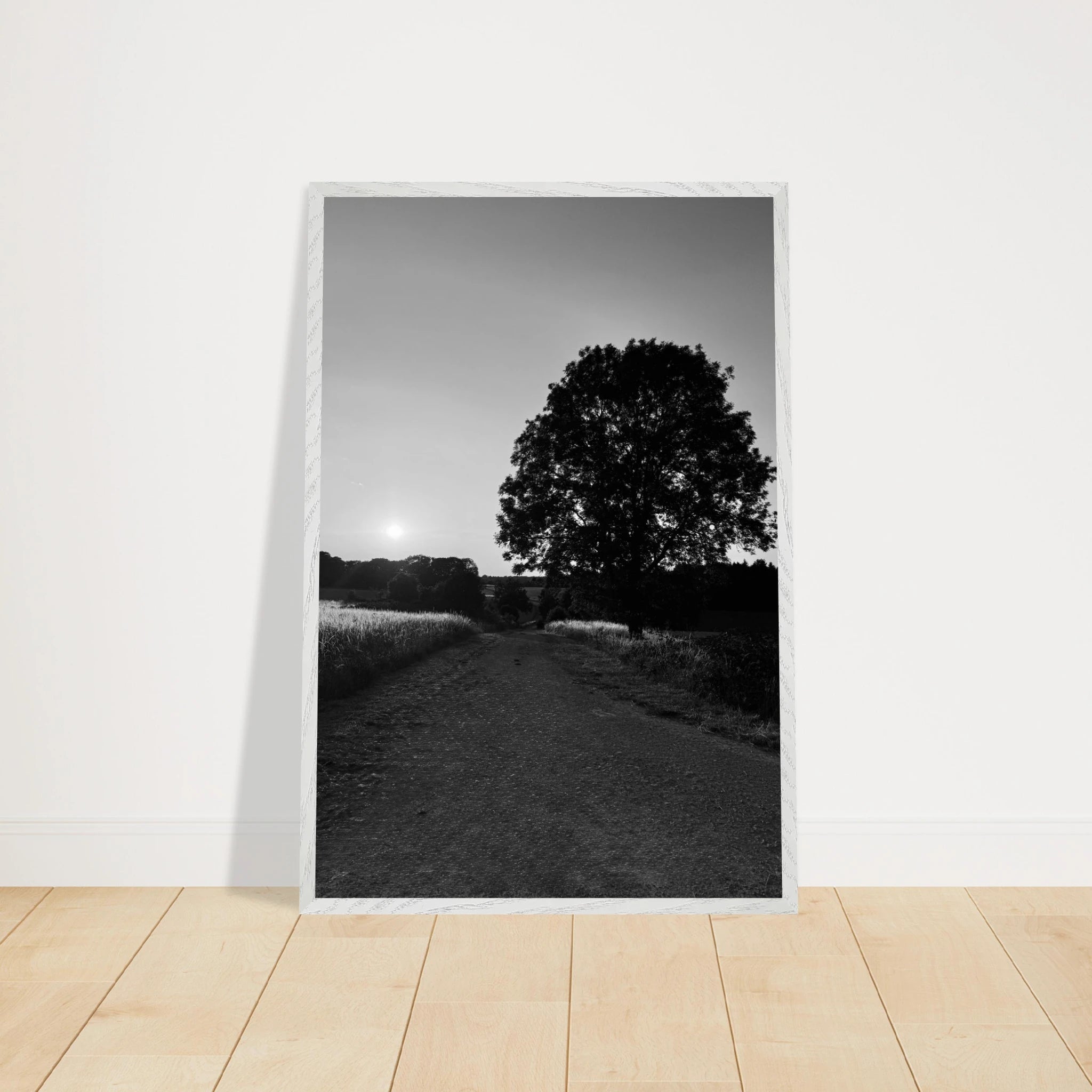 Mounted wooden framed poster of summer in the English Cotswolds, black and white travel collection print, 15x20 cm.