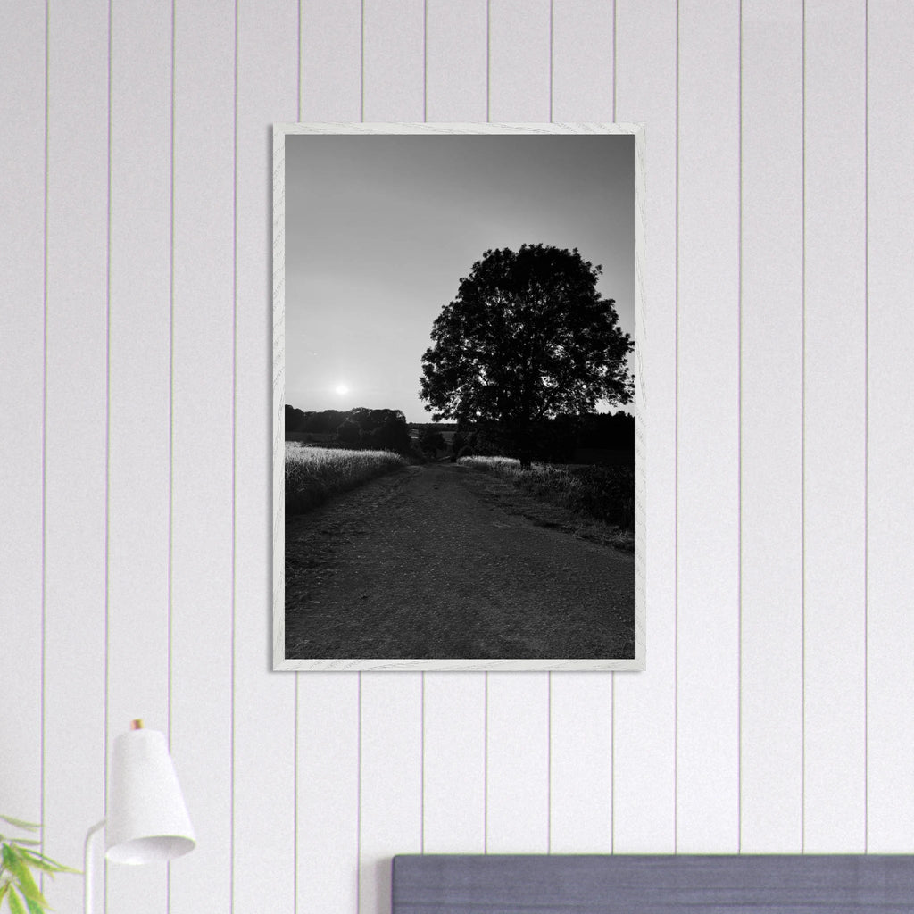 Mounted wooden framed poster of summer in the English Cotswolds, black and white travel collection print, 15x20 cm.
