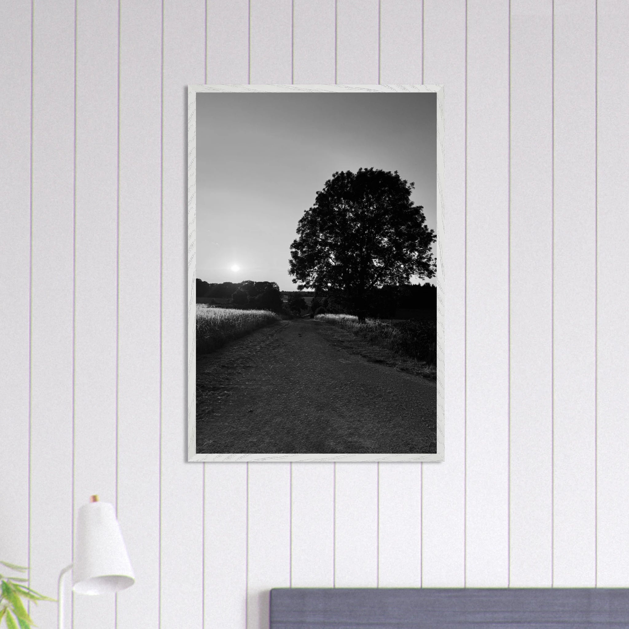 Mounted wooden framed poster of summer in the English Cotswolds, black and white travel collection print, 15x20 cm.