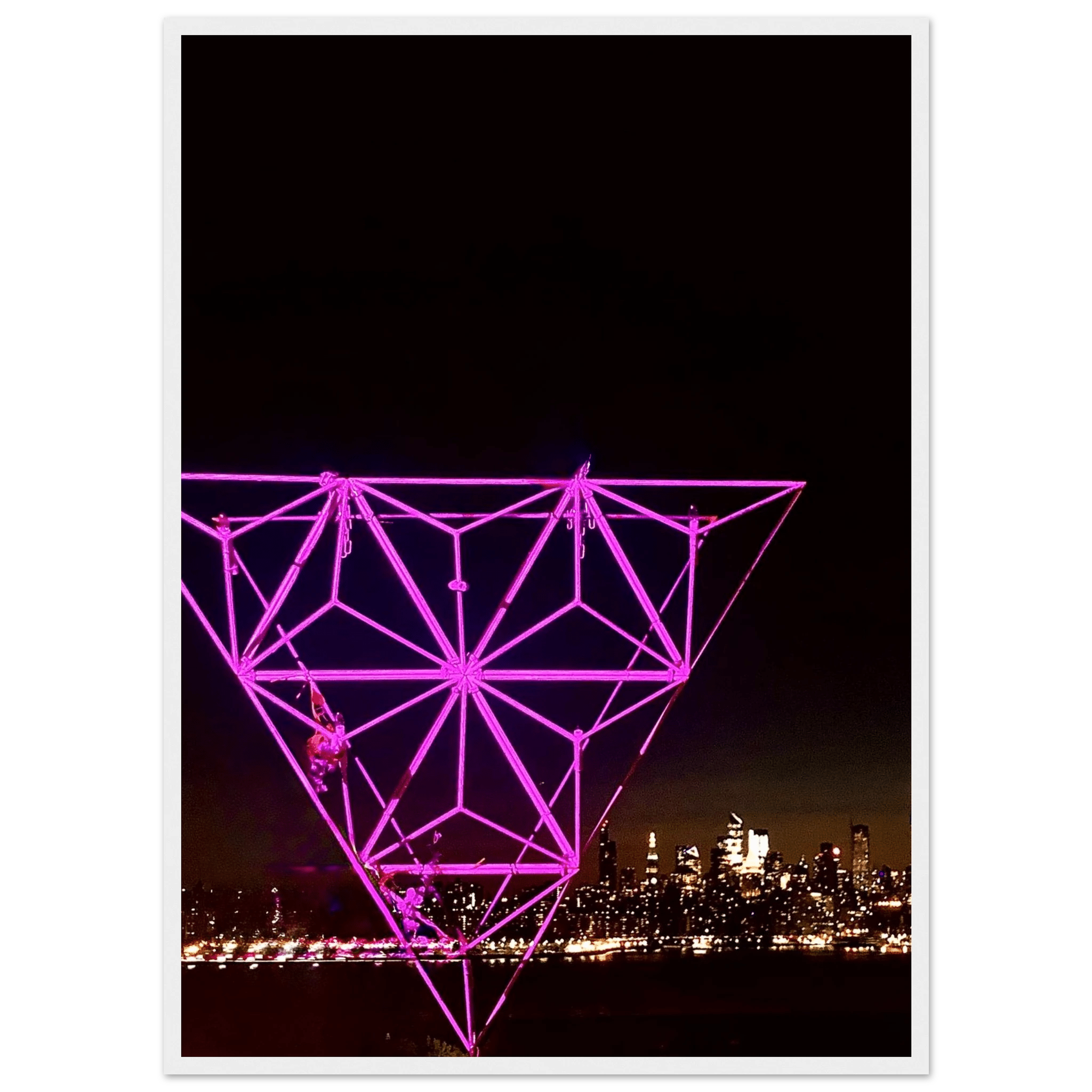 Framed New York City holiday purple art print featuring a Manhattan night view with Empire State Building, part of travel collection.