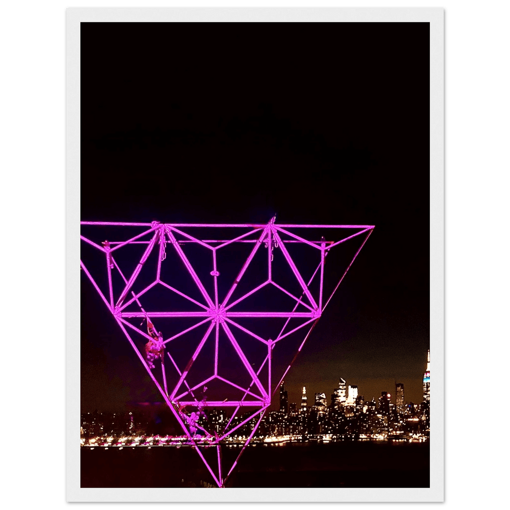Framed NYC holiday art print featuring Manhattan night view with Empire State Building, purple hues, part of travel collection.