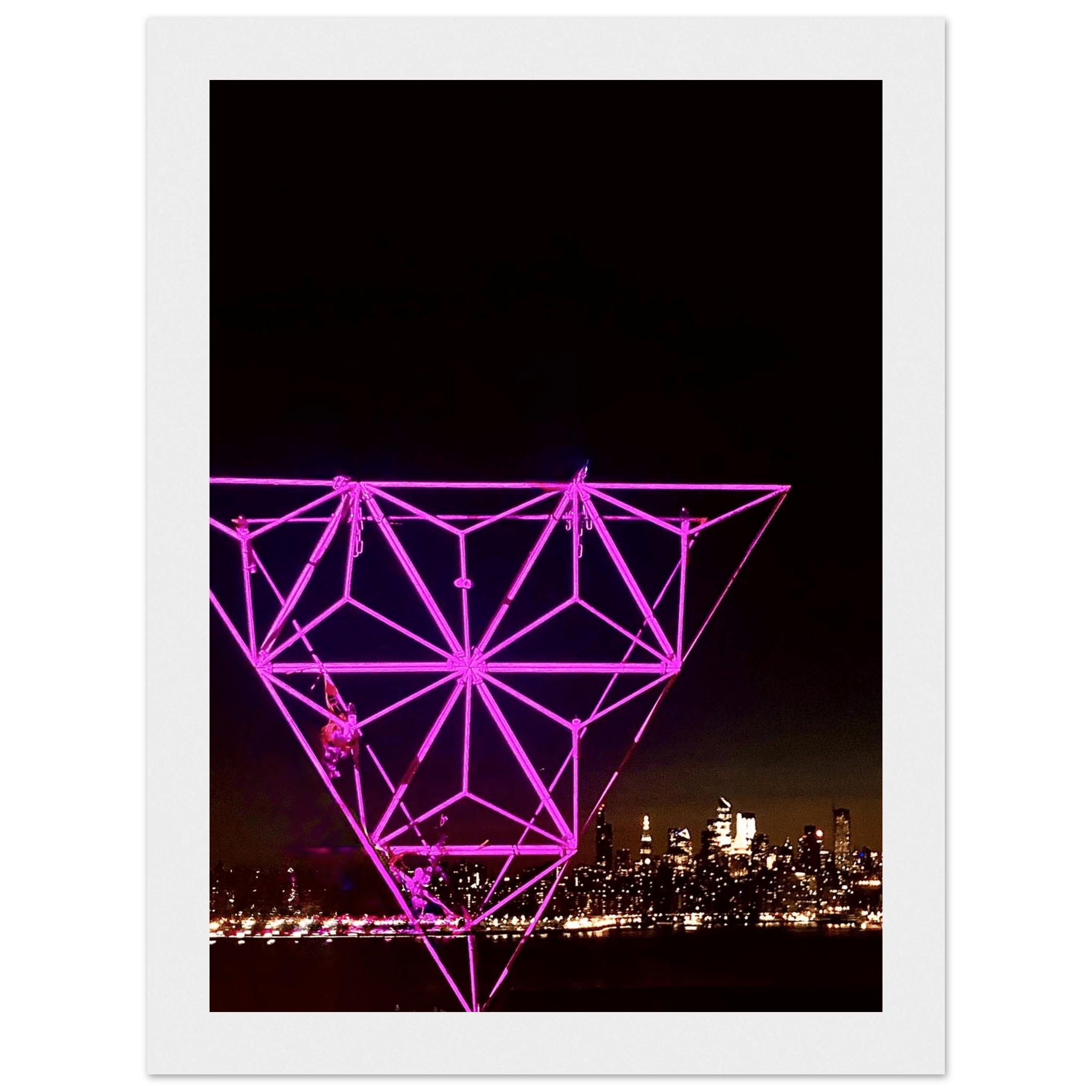 Framed poster of Manhattan at night featuring the Empire State Building, part of the New York City Holiday Purple Art Installation collection.