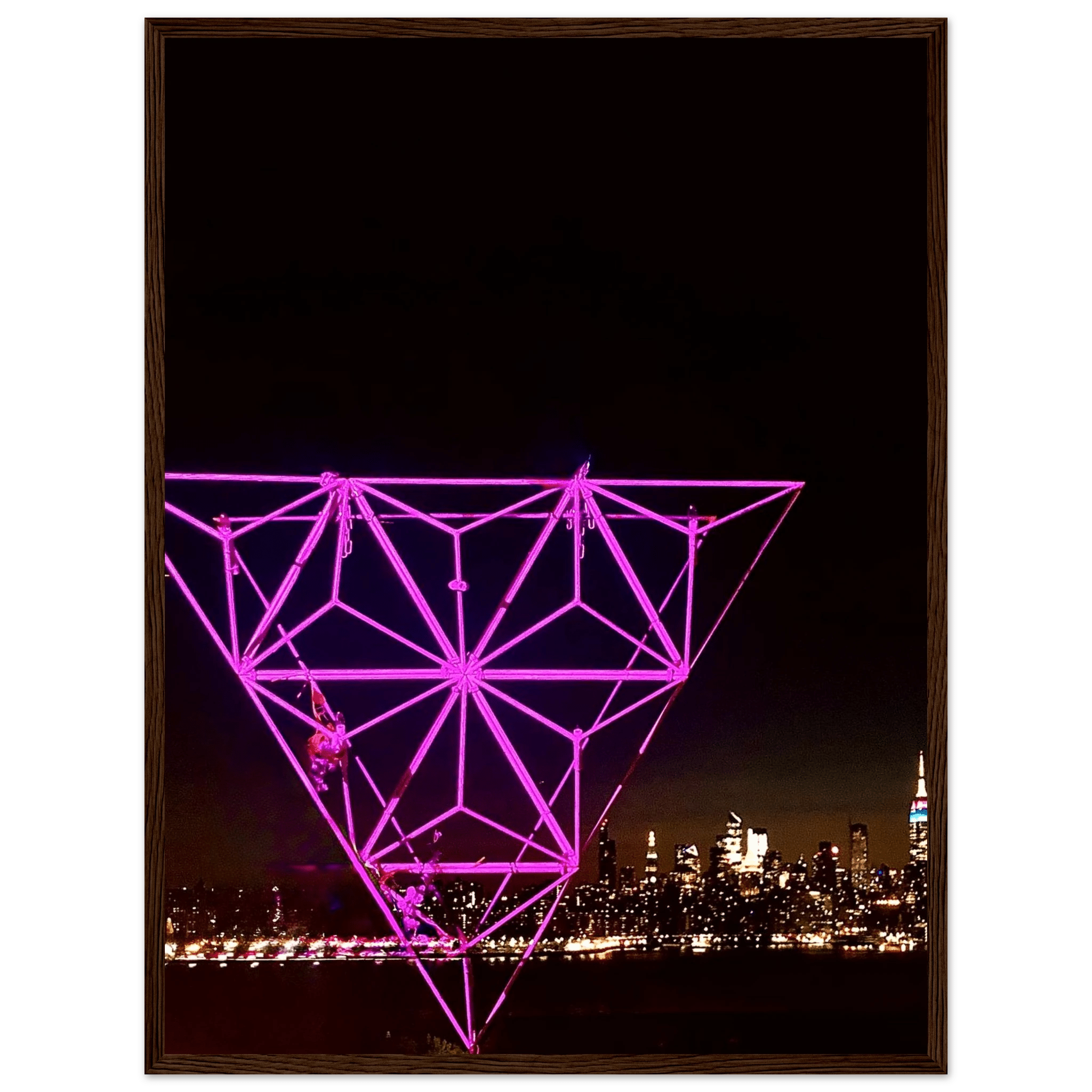 Framed print of New York City holiday art featuring a vibrant Manhattan night view with Empire State Building, part of the Travel Collection.