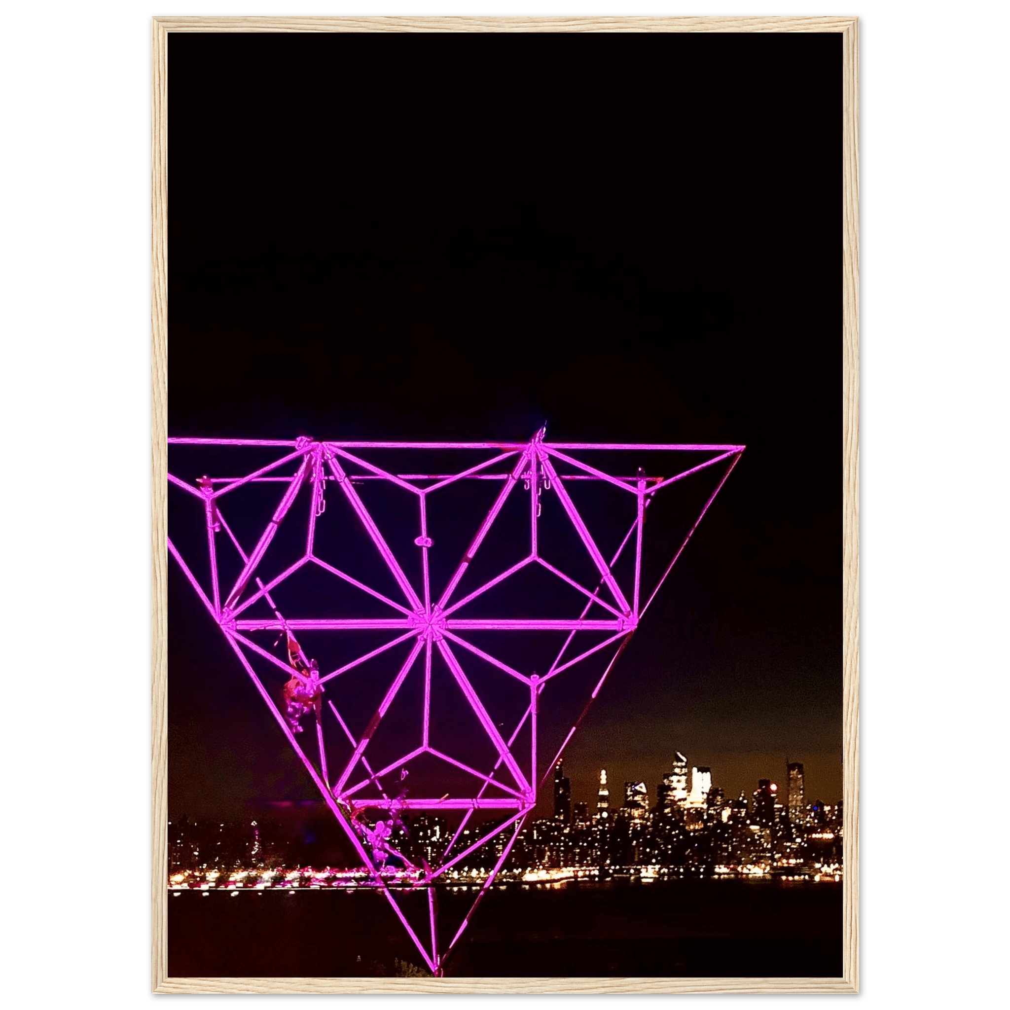 Framed print of New York City holiday art showing a vibrant Manhattan night view with Empire State Building in purple hues.