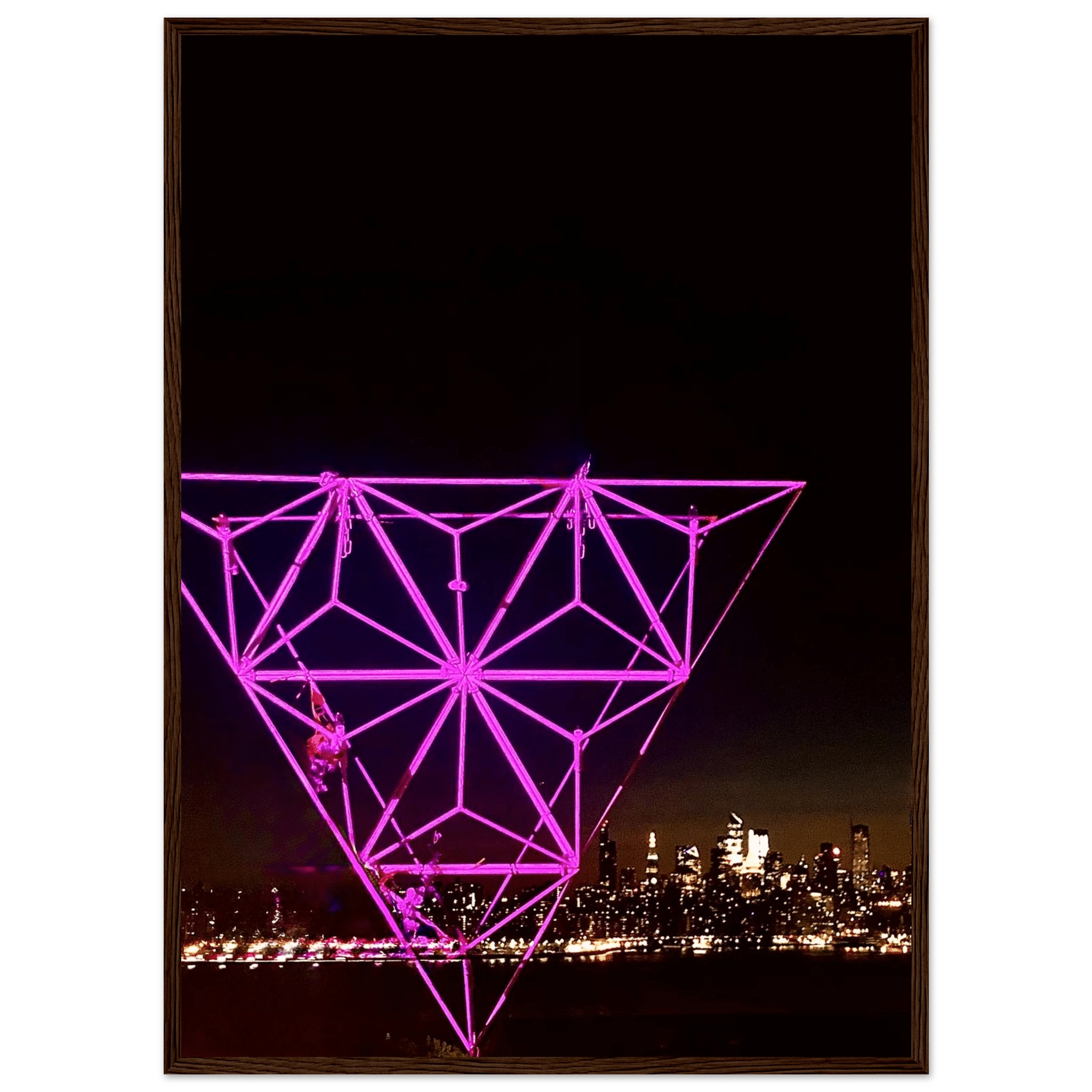 Framed print of New York City holiday art featuring a Manhattan night view with Empire State Building in purple tones.