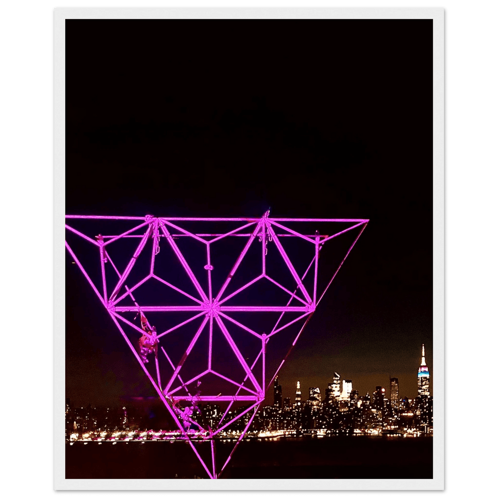 Framed print of New York City holiday purple art installation featuring a stunning Manhattan night view with Empire State Building.