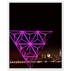 Framed print of New York City holiday purple art installation featuring a stunning Manhattan night view with Empire State Building.