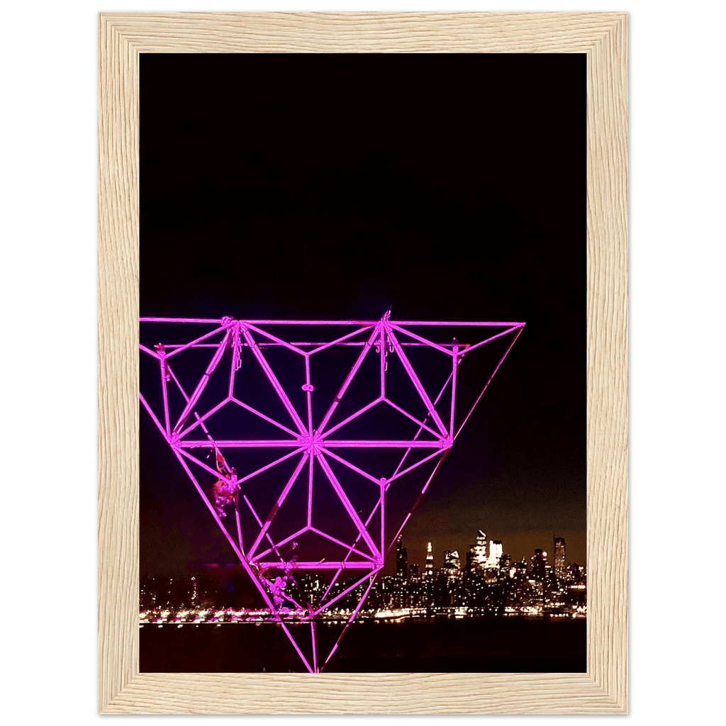 Framed print of New York City holiday art featuring a Manhattan night view with the Empire State Building in purple tones.