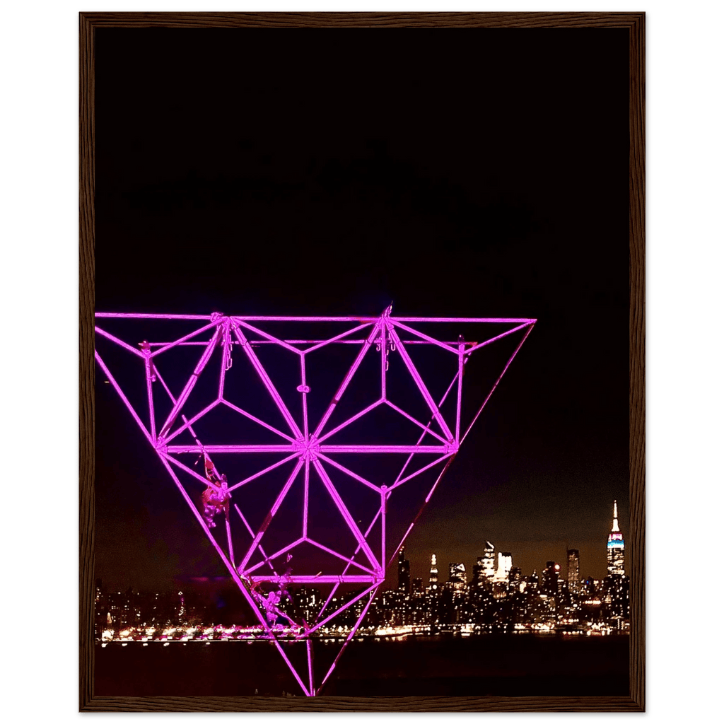 Framed print of NYC holiday purple art installation featuring Manhattan night view and Empire State Building, part of travel collection.