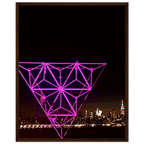 Framed print of NYC holiday purple art installation featuring Manhattan night view and Empire State Building, part of travel collection.
