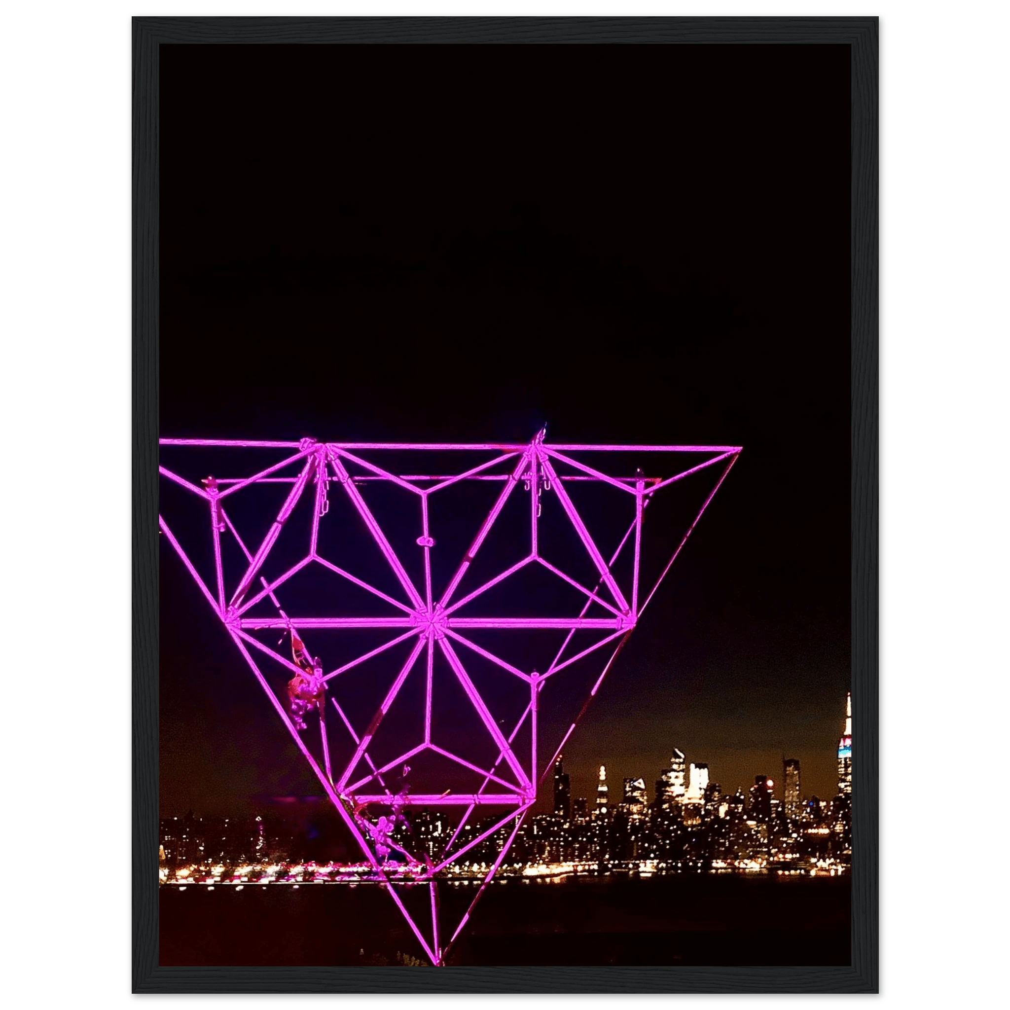 Framed print of New York City holiday purple art installation featuring a Manhattan night view with Empire State Building, travel collection.