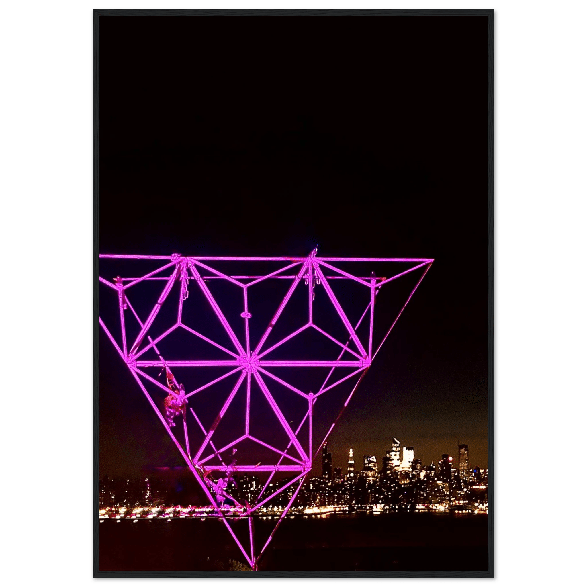 Framed New York City Holiday purple art poster featuring a stunning Manhattan night view with Empire State Building, part of Travel Collection.