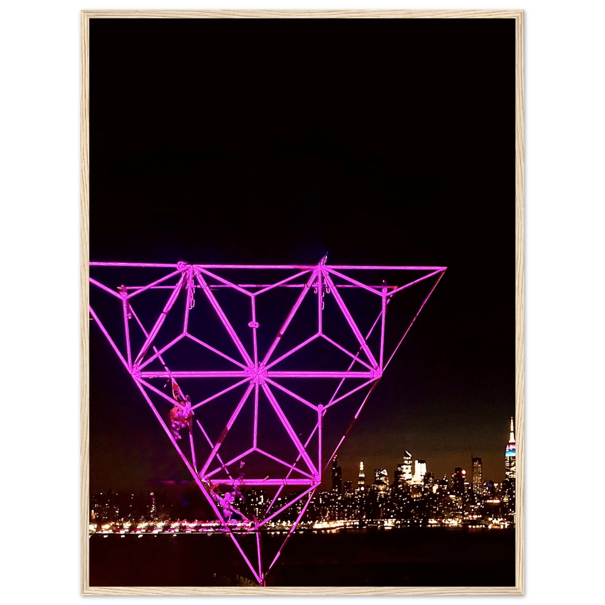 Framed poster of New York City holiday art featuring a vibrant Manhattan night view with Empire State Building, part of the Travel Collection.