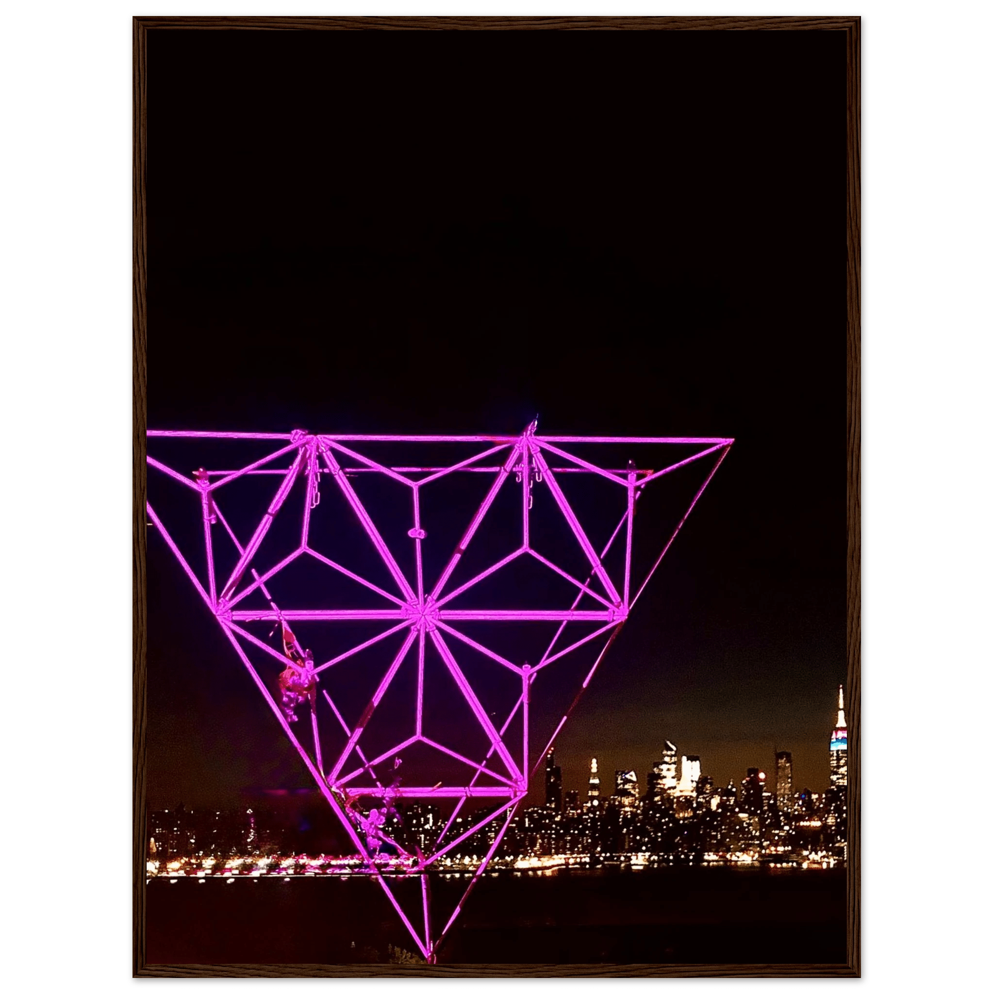 Framed New York City holiday art print featuring a stunning Manhattan night view with Empire State Building in purple hues.