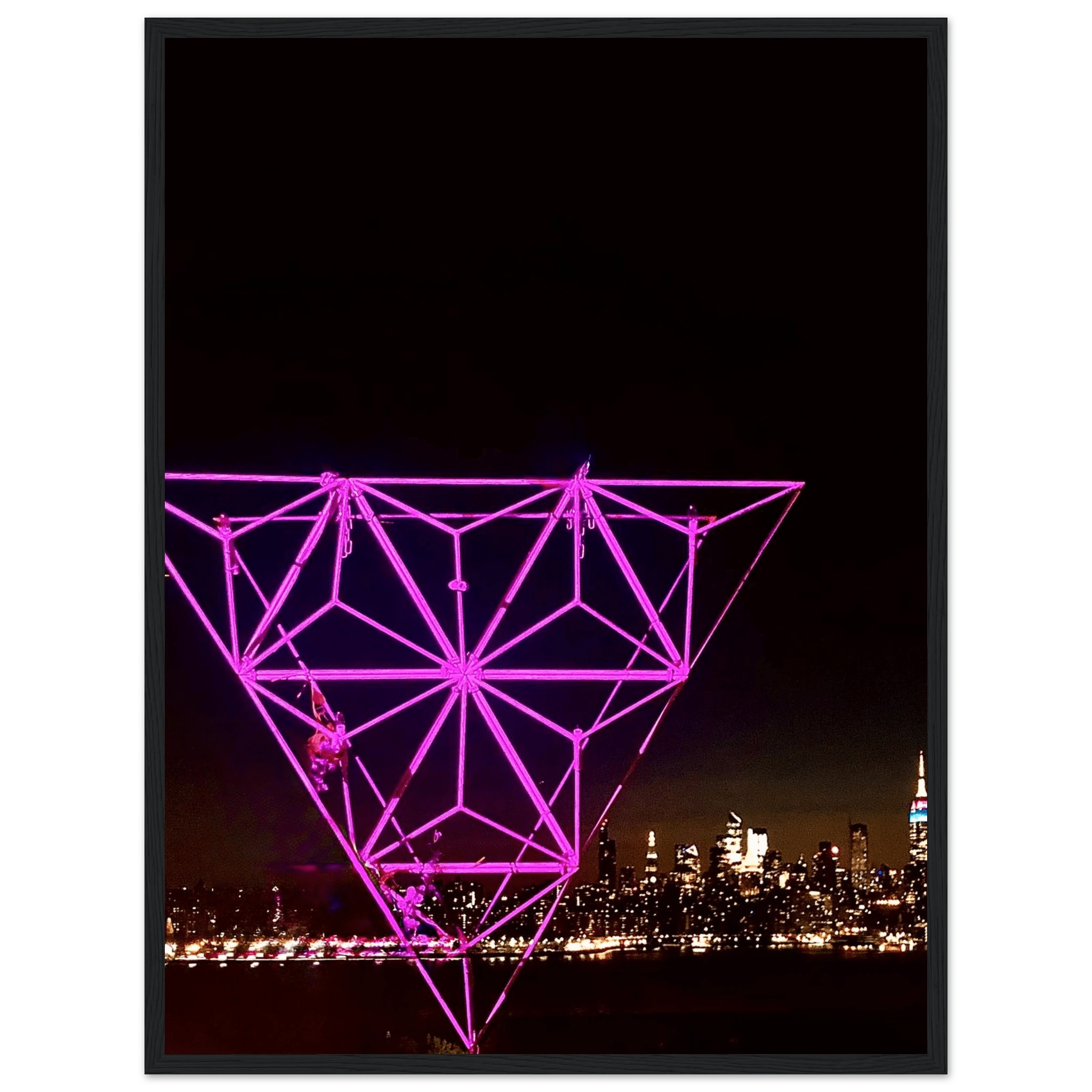 Framed New York City holiday art print featuring a stunning Manhattan night view with Empire State Building in purple hues.