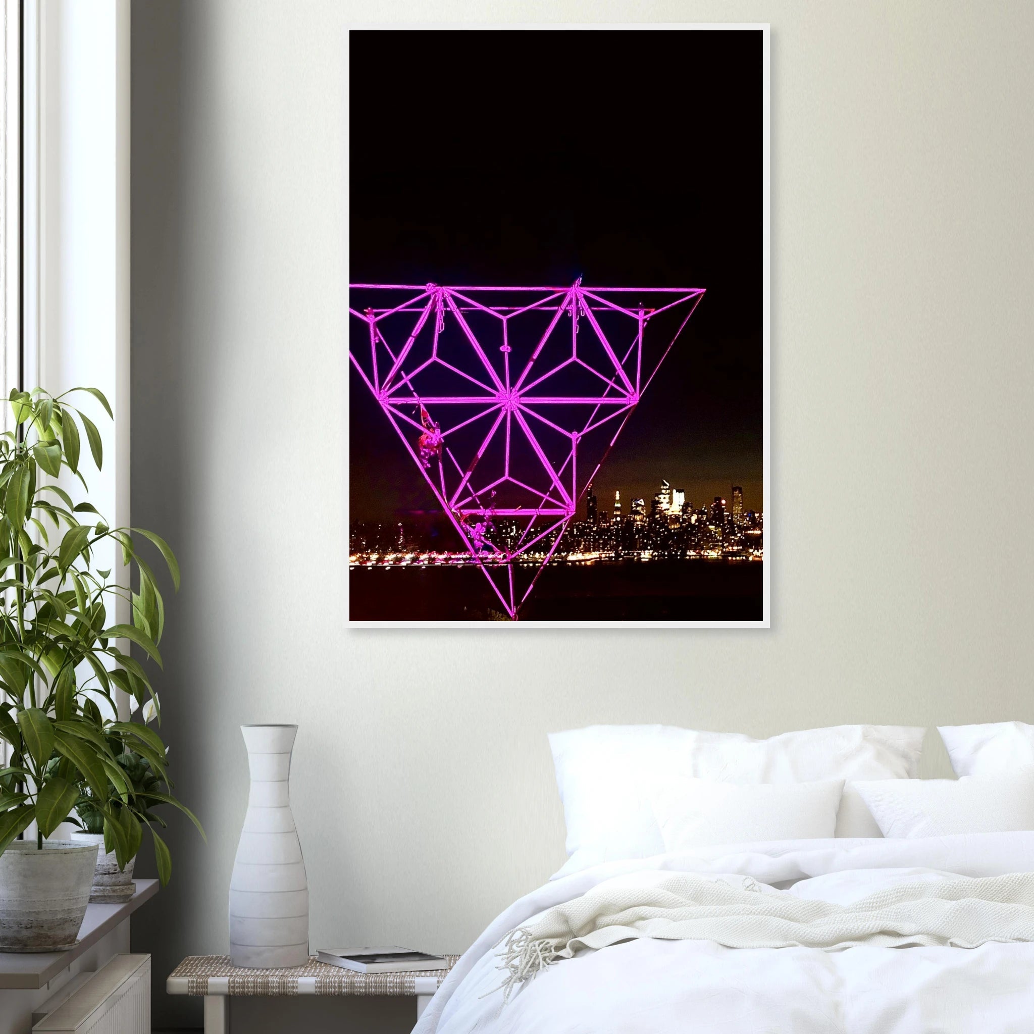Framed NYC holiday art print featuring a purple Manhattan night view with Empire State Building, part of the Travel Collection.
