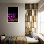 Framed print of a New York City holiday art installation featuring a vibrant Manhattan night view with Empire State Building.